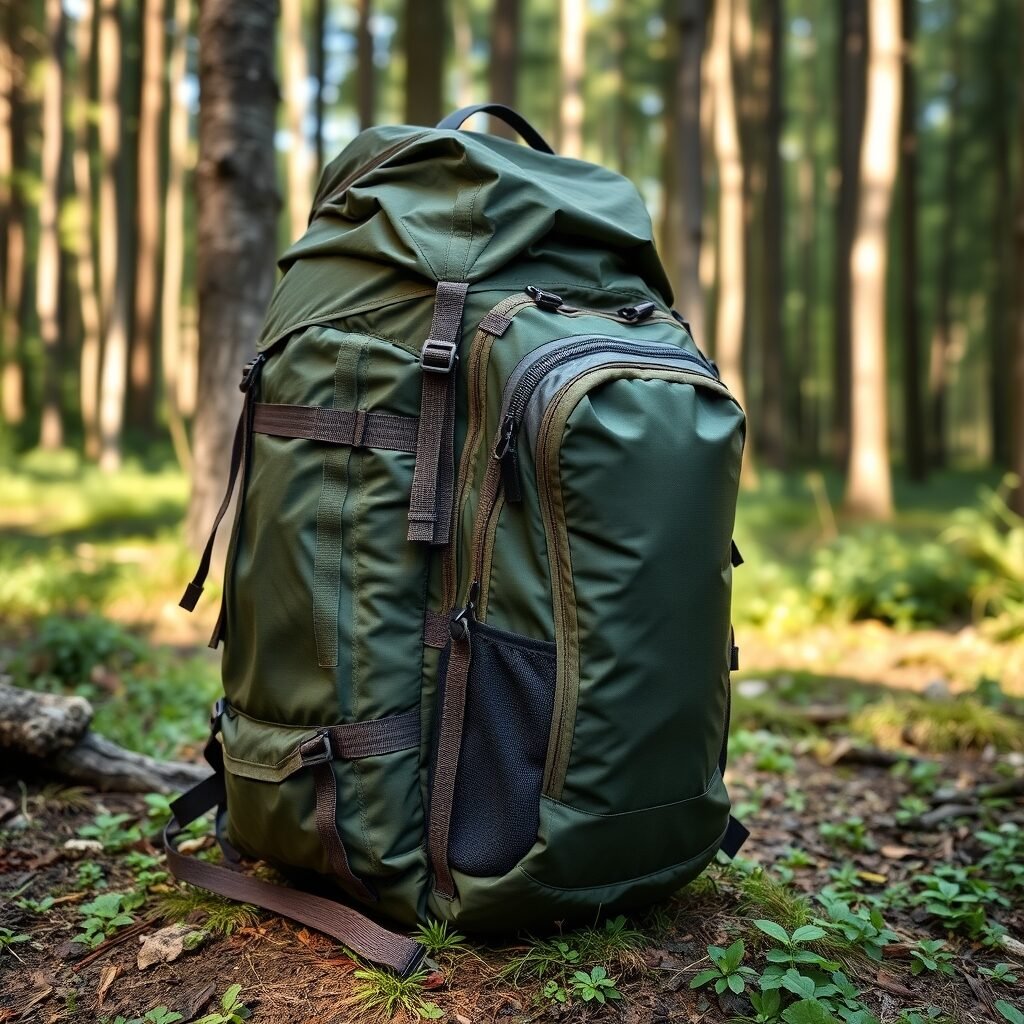 A modular backpack with a detachable day‑pack and external hydration sleeve positioned on a forest