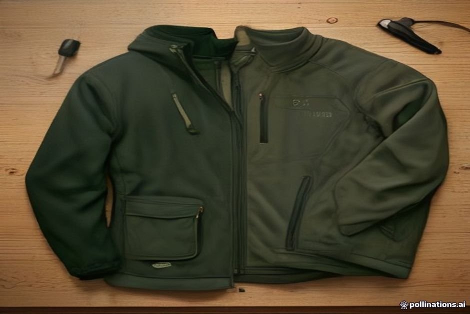 a neatly organized flat lay of outdoor hiking clothes including a fleece jacket, merino wool base layer, and waterproof shell on a wooden table