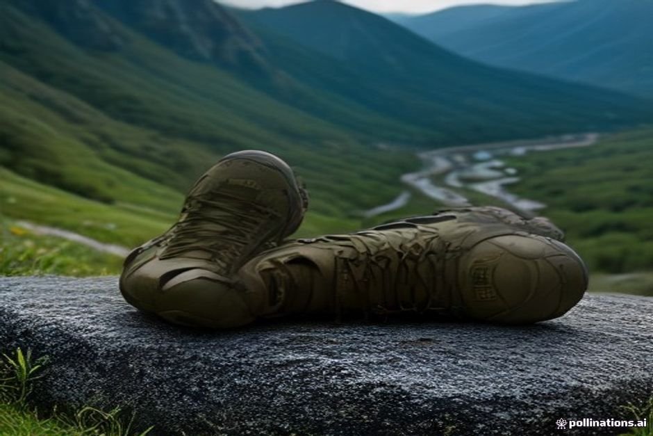 A pair of muddy hiking boots resting on a granite rock overlooking a lush green mountain valley.