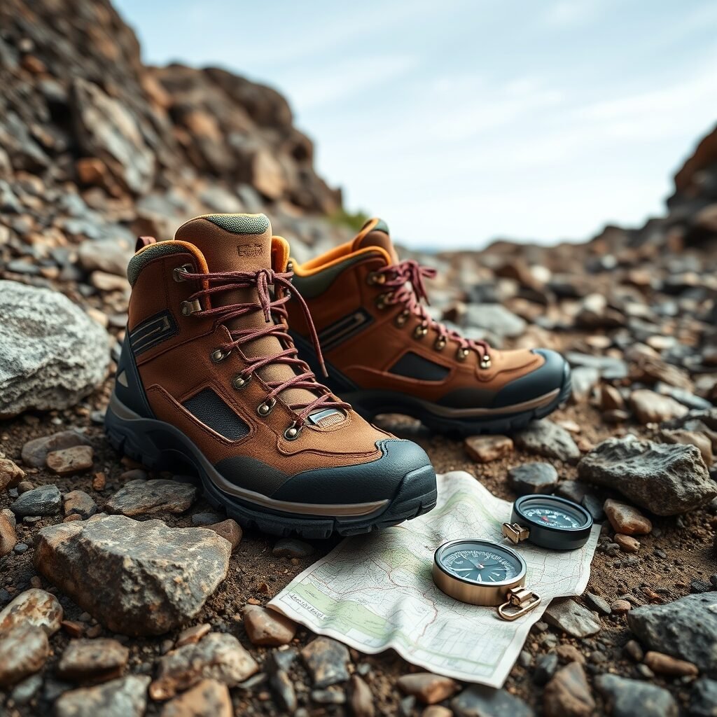 a pair of rugged hiking boots placed on a rocky path with a map and compass nearby