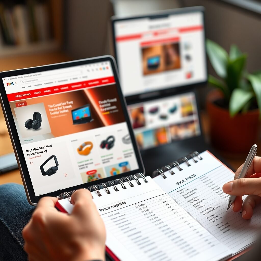 a person scrolling through multiple retailer websites with a notepad of price comparisons