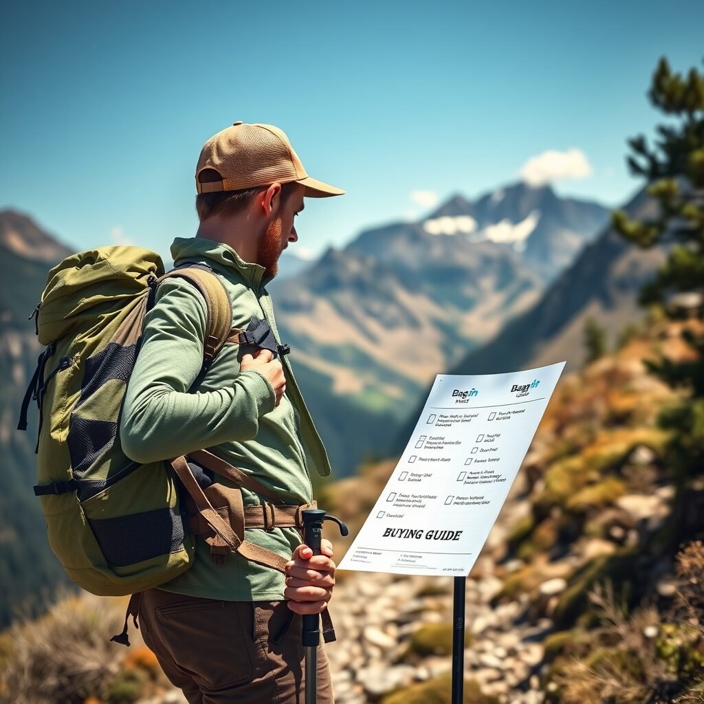 A sunny mountain trail with a hiker wearing a lightweight pack, checking off items on a laminated buying guide checklist while adjusting trekking poles