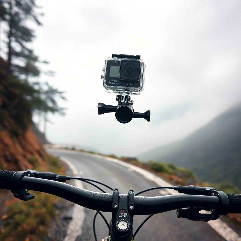 A waterproof action camera mounted on a bike handlebar during a misty mountain ride.
