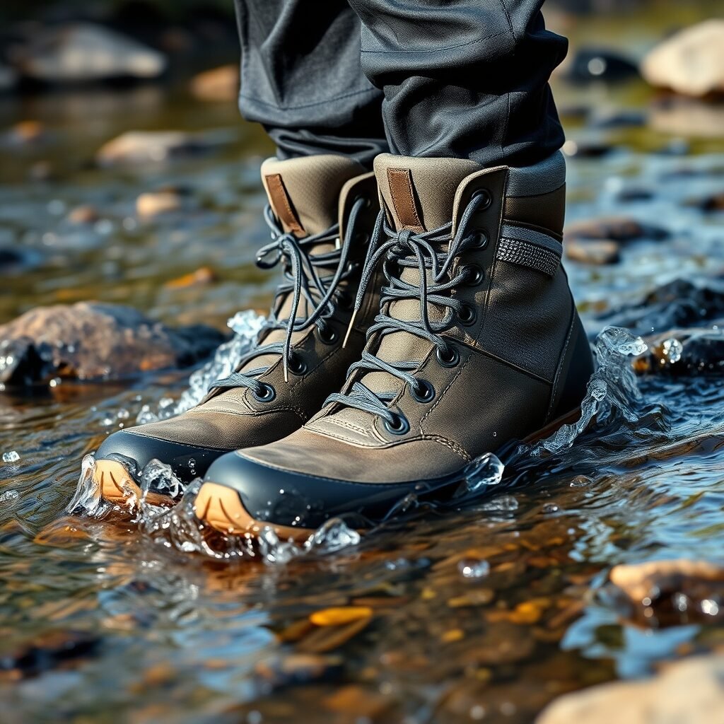 close‑up of waterproof hiking boots splashing through a shallow stream