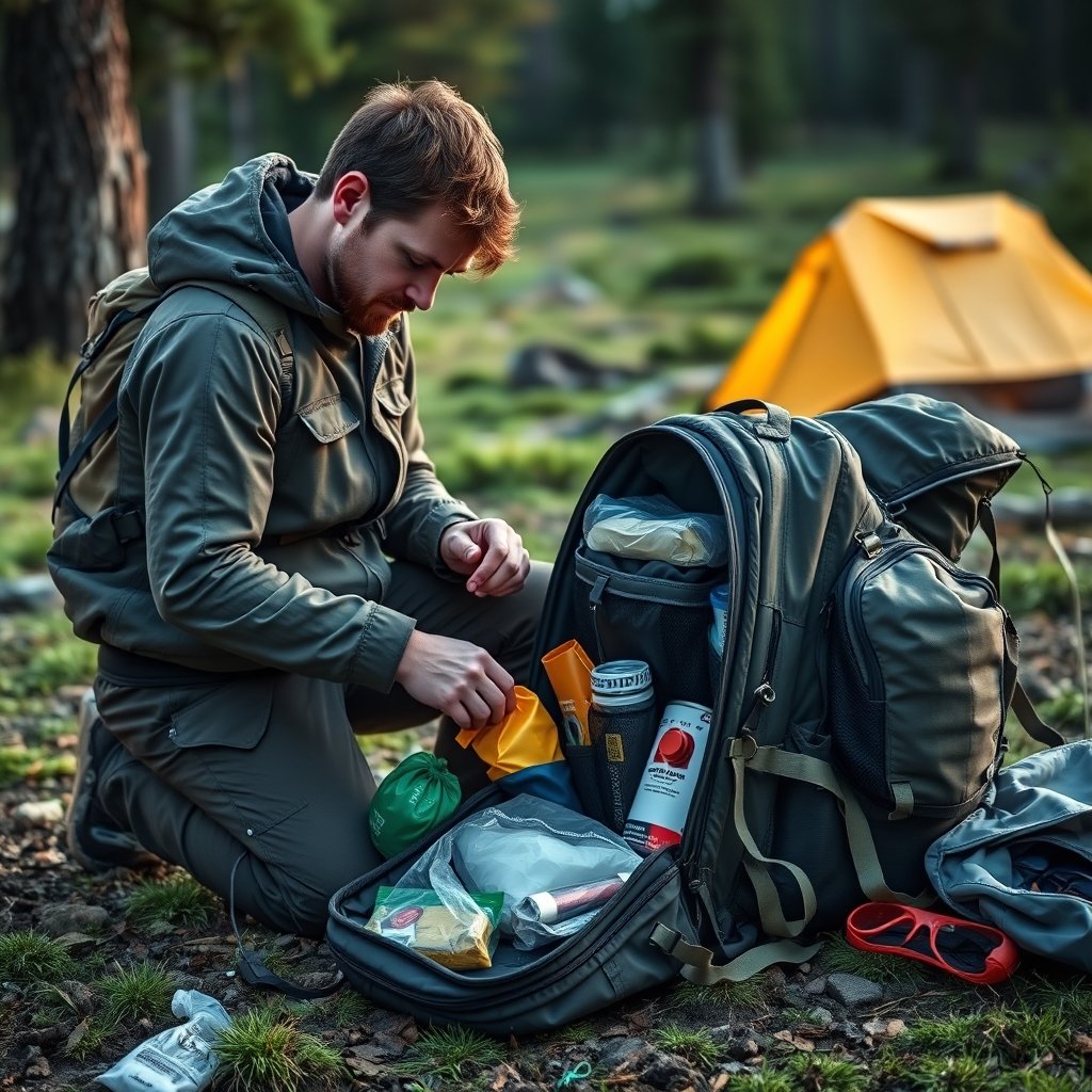 hiker organizing emergency supplies inside a backpack at a campsite