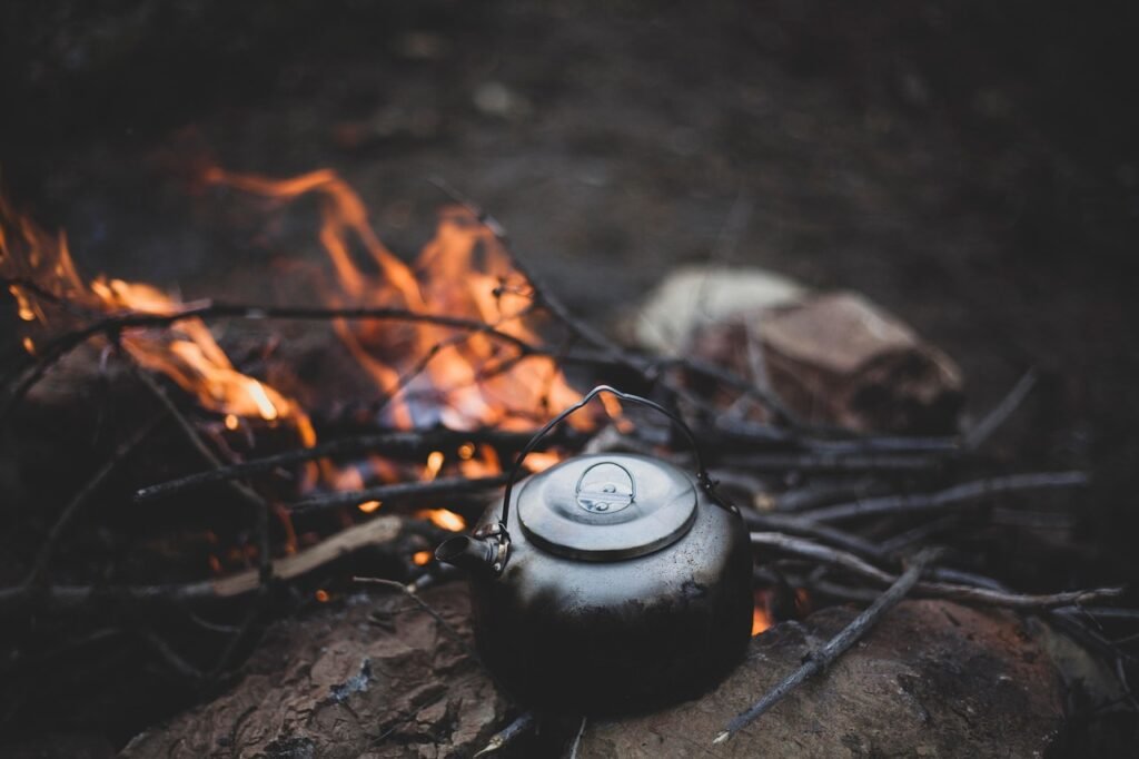 stainless steel camping pot boiling water over a campfire grate
